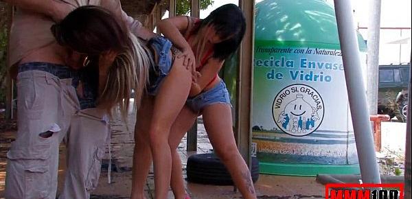  2 hot spanish girls sucking and fucking in public place , great threesome